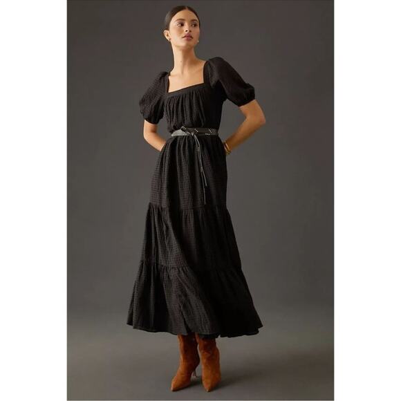Anthropologie Dresses & Skirts - Anthropologie Women’s Tiered Puff Sleeve Square Neck Black Maxi Prairie Dress S
